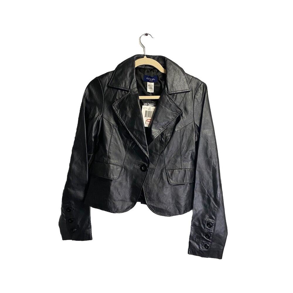 New Vintage Guess Jeans Genuine Leather Cropped Moto Jacket Black Size‎ Large